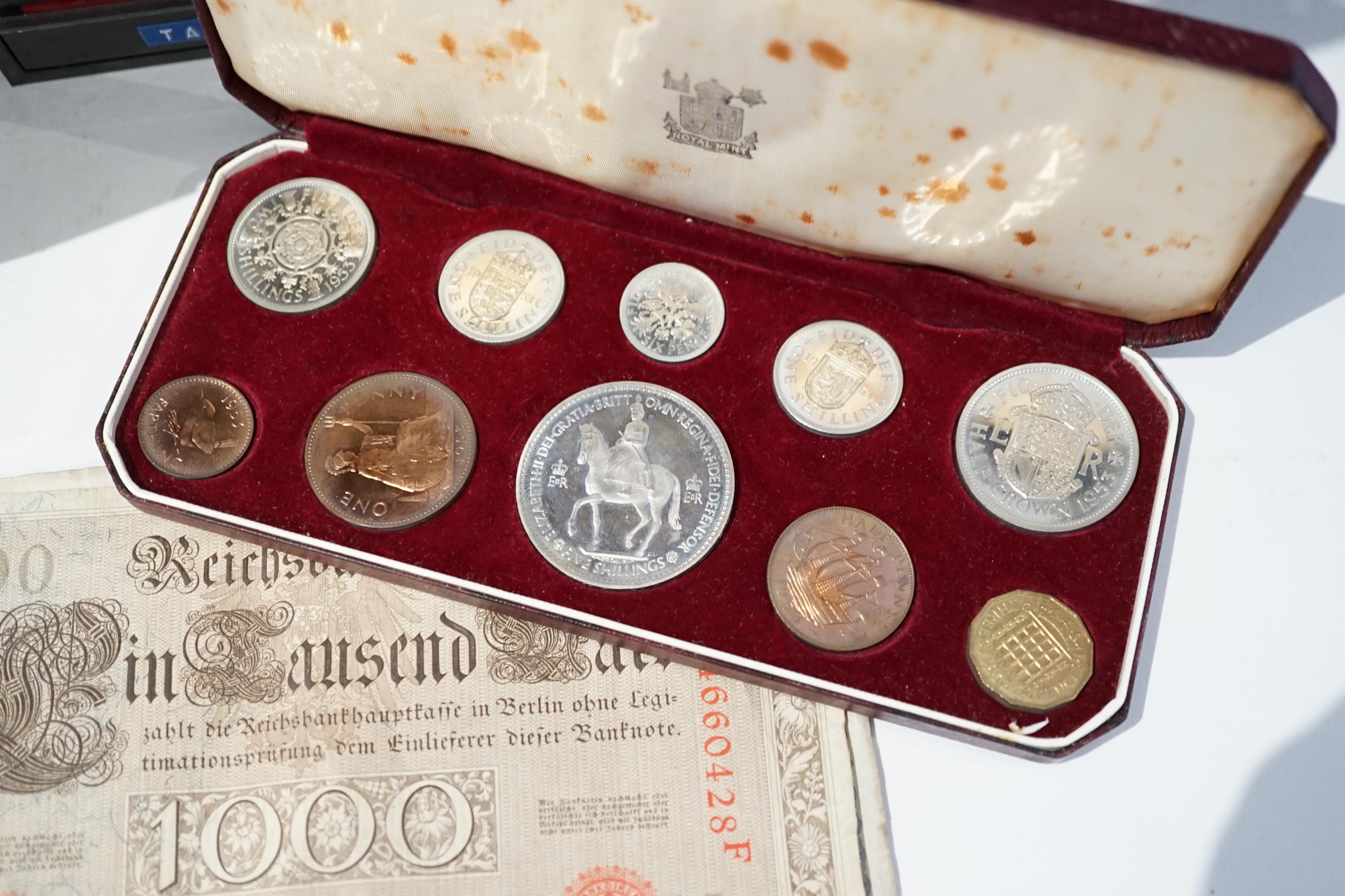 British and World coins and banknotes, to include Elizabeth II coronation proof coin set, 1953, case spotted, various George III to George VI silver crowns to maundy 2d etc.